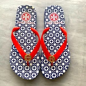 Red white and blue gently used flip flops